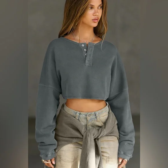 Joah Brown Henley Crop Sweatshirt Pearl Grey French Terry S - Picture 2 of 4